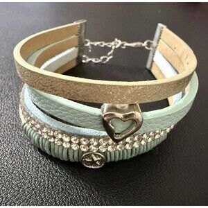 Boho Multi-Layer Bracelet Blue Faux Leather Rhinestone Heart Star Adjustable